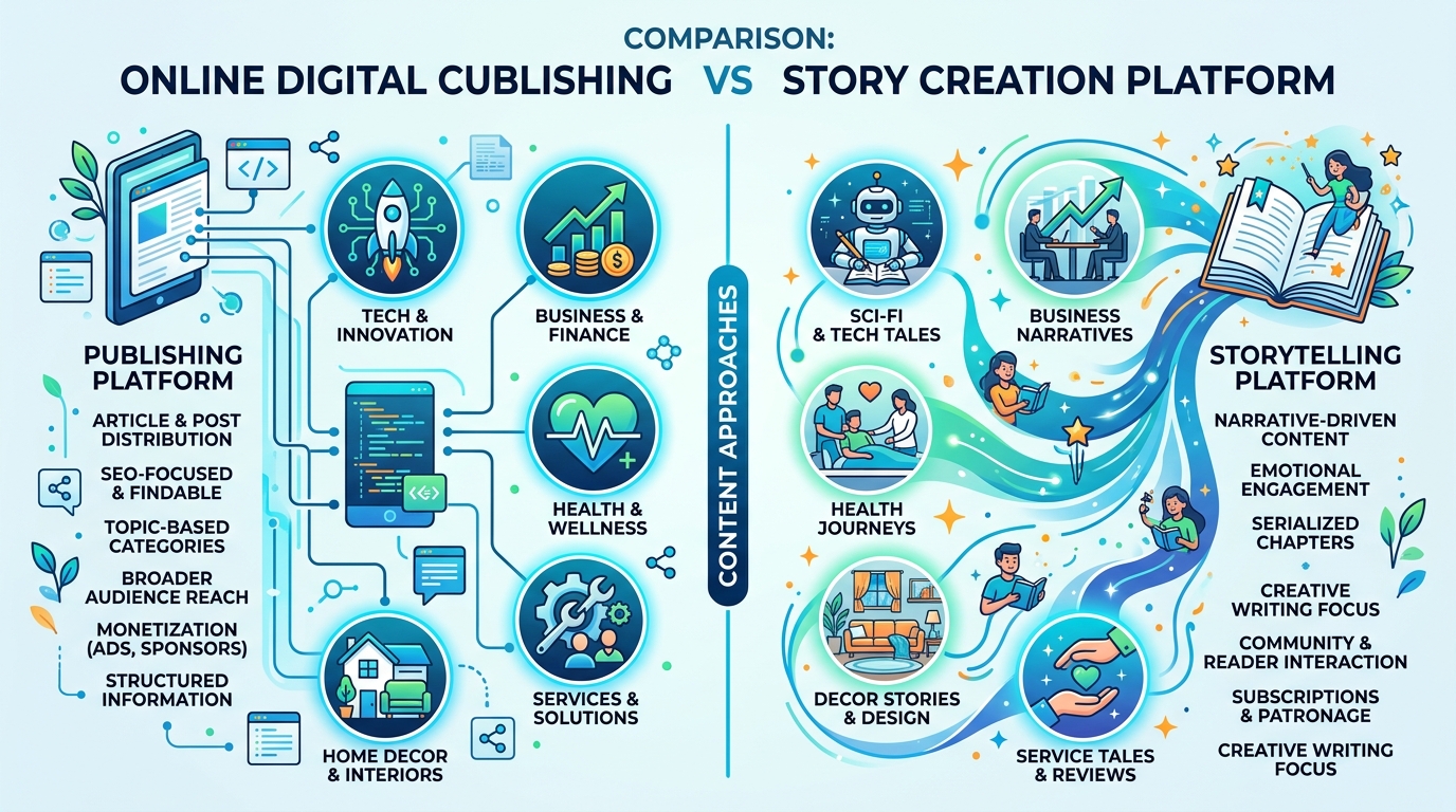 Infographics Diagram comparing Online Digital Content Publishing Hub vs Fiction Storytelling Platform